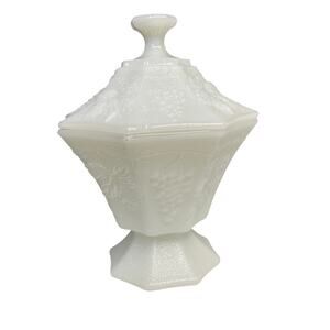 VTG Milk Glass Grape Leaf Pattern Serving Dish w/ Lid, Few Small Chips As Shown